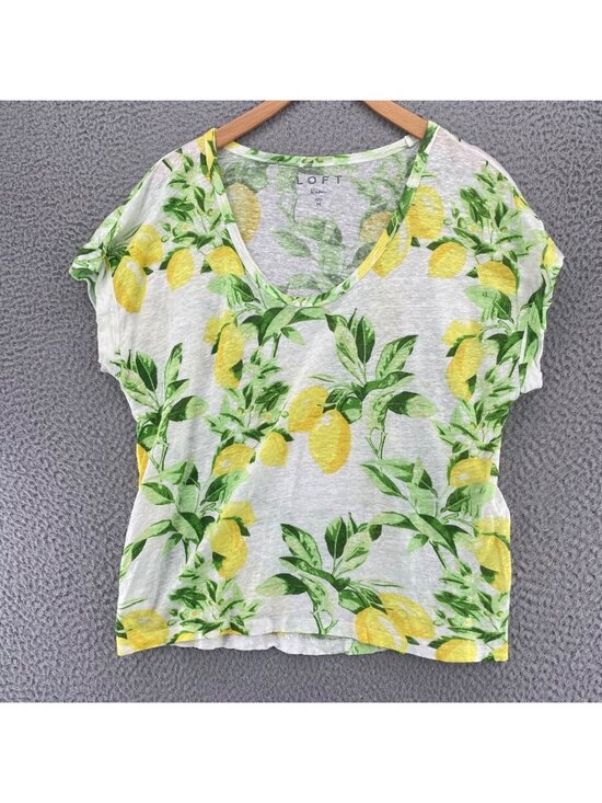LOFT Tops - Loft Top Womens Medium Lemon Linen Tee Cap Sleeves Scoop Neck Casual Semi Sheer